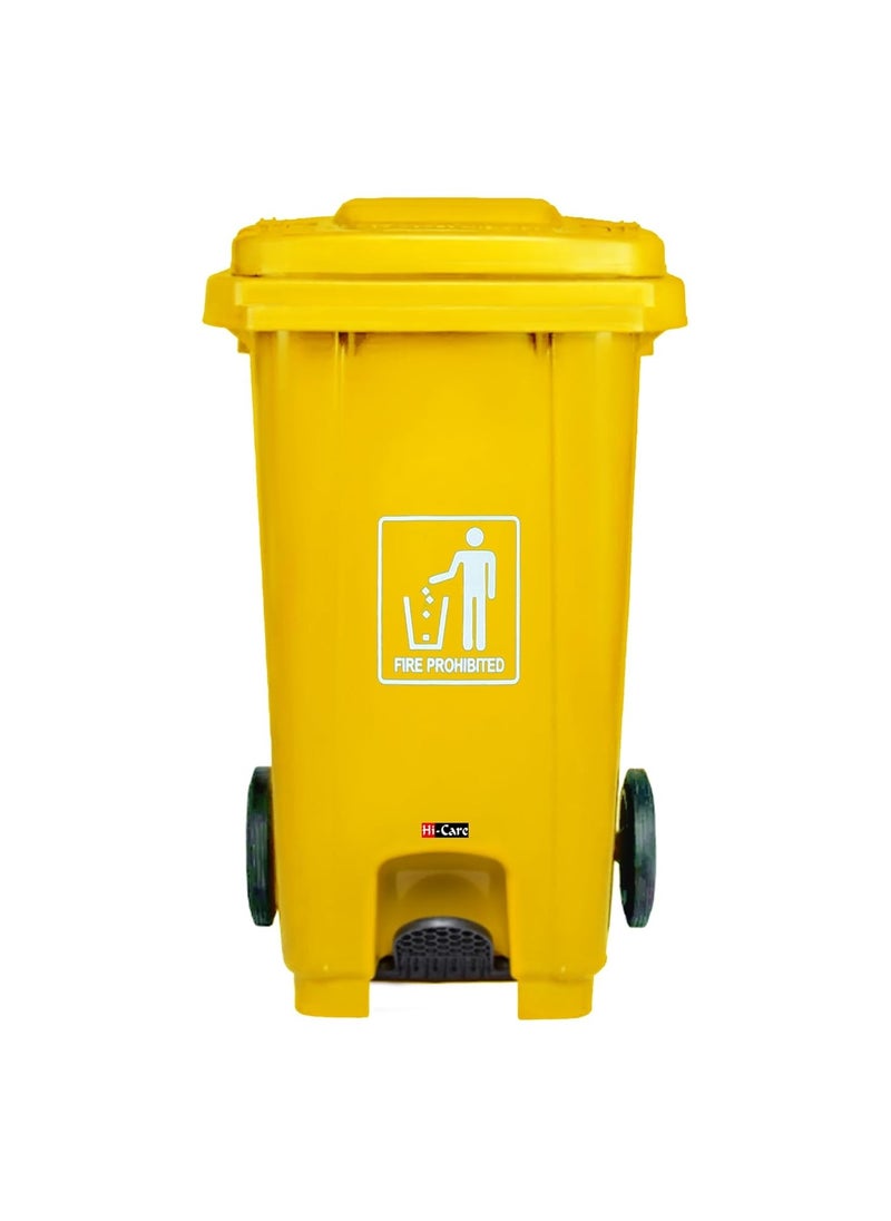 Hi-Care Plastic Garbage Bin 120 Litre with wheel and pedal - Heavy Duty Kitchen Dust Bin Outdoor Recycle Large Industrial Waste bin Trash bin Yellow (Center Pedal)