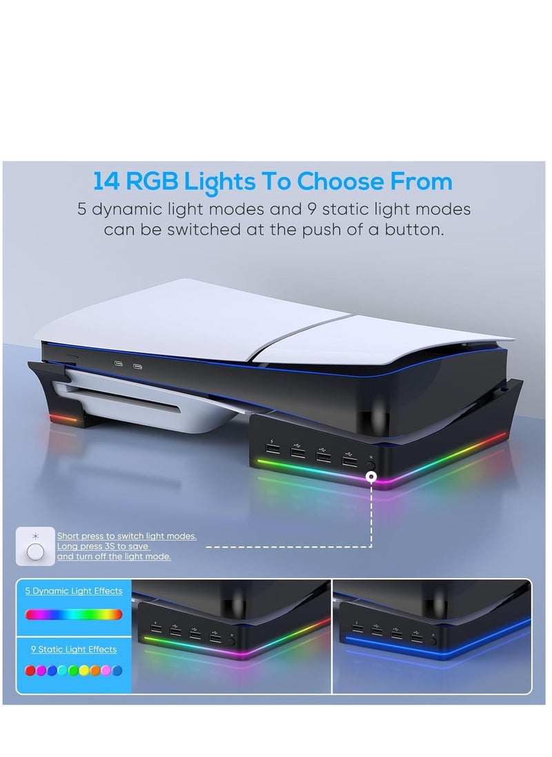 Horizontal Stand Holder for PS5 Slim Console, Non-Slip Base with 14 RGB Light Modes and 4-Port USB Ports for Playstation 5 Slim Disc & Digital Edition