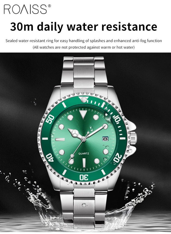 Stainless Steel Strap Couple Quartz Watch Set, Analog Display Round Dial with Rotatable Bezel, Luminous Waterproof Calendar Watch Gift for Men Women