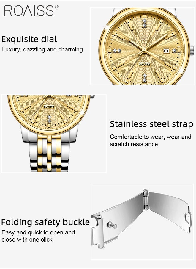 Stainless Steel Strap Quartz Couple Watch Set, Analog Display Round Dial, Waterproof Luminous Exquisite Wristwatch with Calendar, Suitable for Men Women