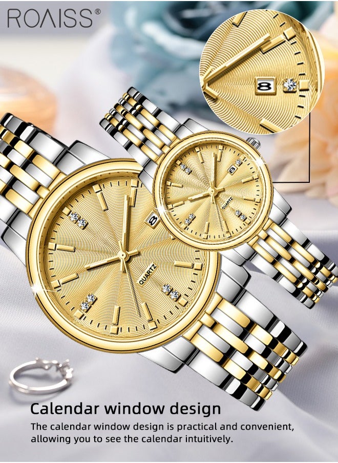 Stainless Steel Strap Quartz Couple Watch Set, Analog Display Round Dial, Waterproof Luminous Exquisite Wristwatch with Calendar, Suitable for Men Women