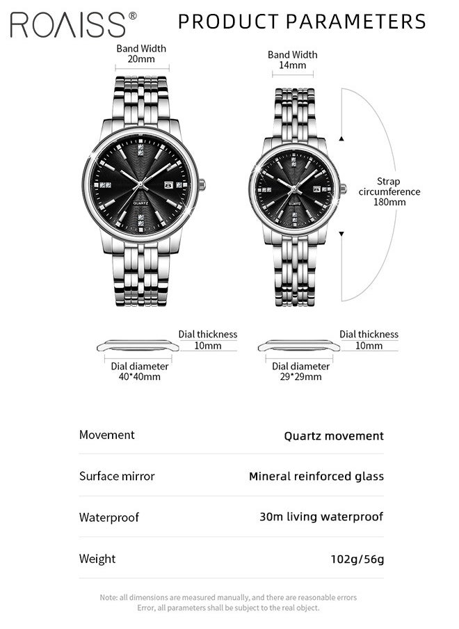 Stainless Steel Strap Quartz Couple Watch Set Analog Display Round Dial Waterproof Luminous Exquisite Wristwatch with Calendar Suitable for Men Women