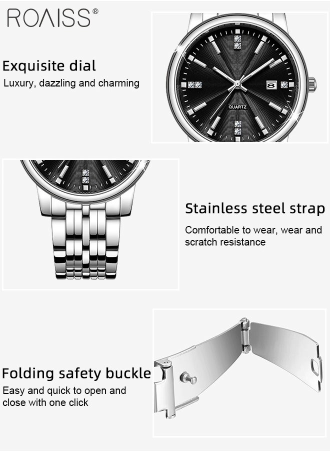 Stainless Steel Strap Quartz Couple Watch Set Analog Display Round Dial Waterproof Luminous Exquisite Wristwatch with Calendar Suitable for Men Women