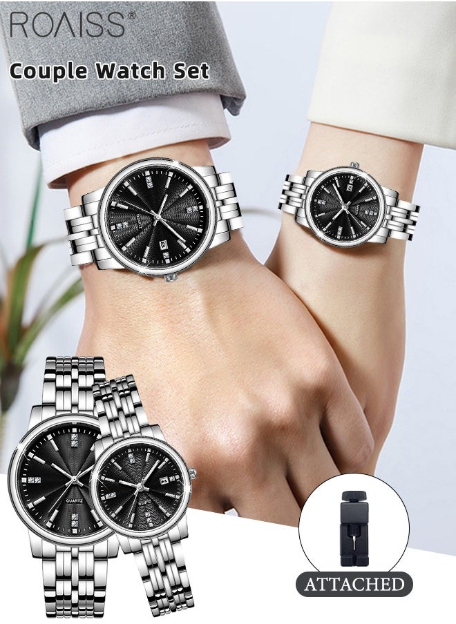 Stainless Steel Strap Quartz Couple Watch Set Analog Display Round Dial Waterproof Luminous Exquisite Wristwatch with Calendar Suitable for Men Women