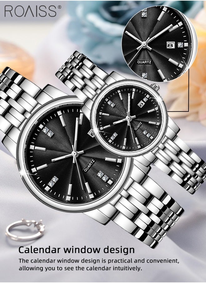 Stainless Steel Strap Quartz Couple Watch Set Analog Display Round Dial Waterproof Luminous Exquisite Wristwatch with Calendar Suitable for Men Women