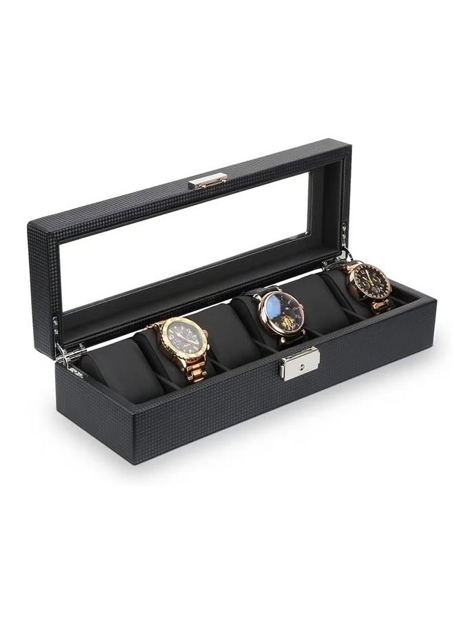 6-Slot Luxury Watch Box, Jewelry Storage Organizer, Men'S Watch Organizer, Carbon Fiber Watch Display Case with Glass Lid