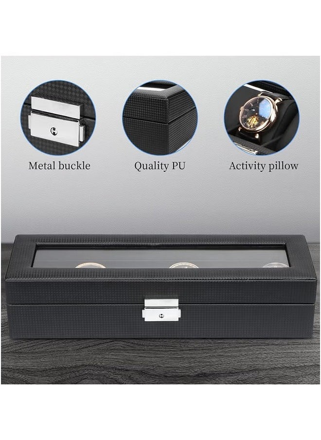 6-Slot Luxury Watch Box, Jewelry Storage Organizer, Men'S Watch Organizer, Carbon Fiber Watch Display Case with Glass Lid