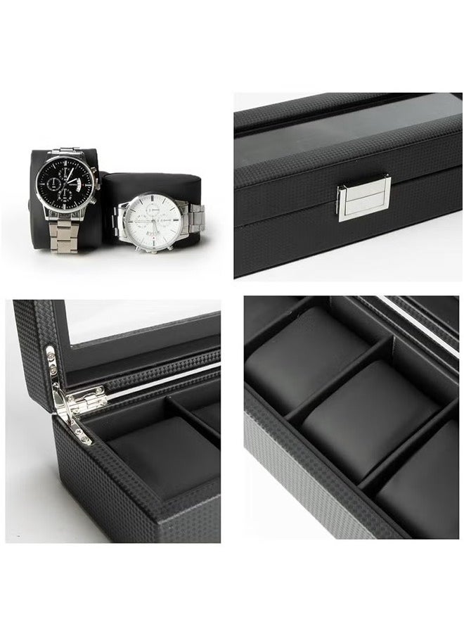 6-Slot Luxury Watch Box, Jewelry Storage Organizer, Men'S Watch Organizer, Carbon Fiber Watch Display Case with Glass Lid