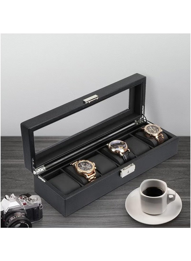 6-Slot Luxury Watch Box, Jewelry Storage Organizer, Men'S Watch Organizer, Carbon Fiber Watch Display Case with Glass Lid