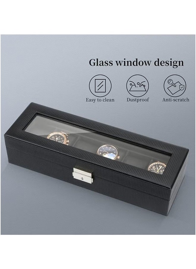 6-Slot Luxury Watch Box, Jewelry Storage Organizer, Men'S Watch Organizer, Carbon Fiber Watch Display Case with Glass Lid