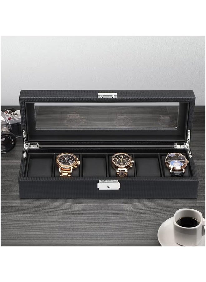 6-Slot Luxury Watch Box, Jewelry Storage Organizer, Men'S Watch Organizer, Carbon Fiber Watch Display Case with Glass Lid