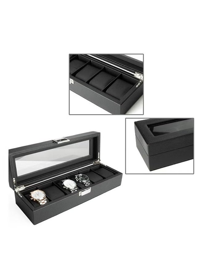 6-Slot Luxury Watch Box, Jewelry Storage Organizer, Men'S Watch Organizer, Carbon Fiber Watch Display Case with Glass Lid