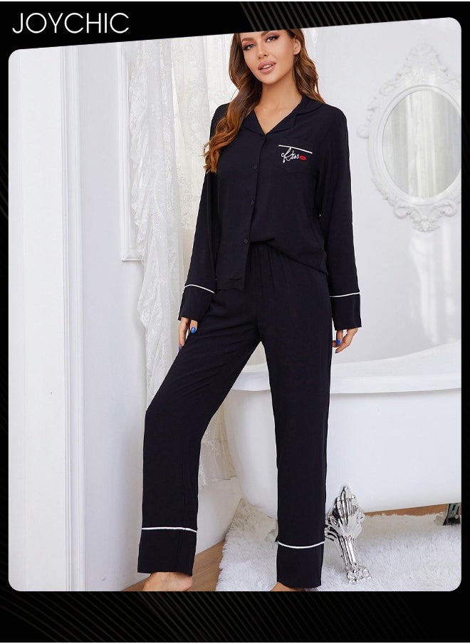 2-piece Classic Spring and Summer Autumn Pajamas Cotton Comfotable Loose Women Nightgown Casual Shirt Collar Long-sleeved Home Clothes Loungewear Black