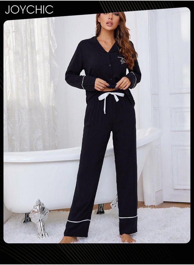 2-piece Classic Spring and Summer Autumn Pajamas Cotton Comfotable Loose Women Nightgown Casual Shirt Collar Long-sleeved Home Clothes Loungewear Black