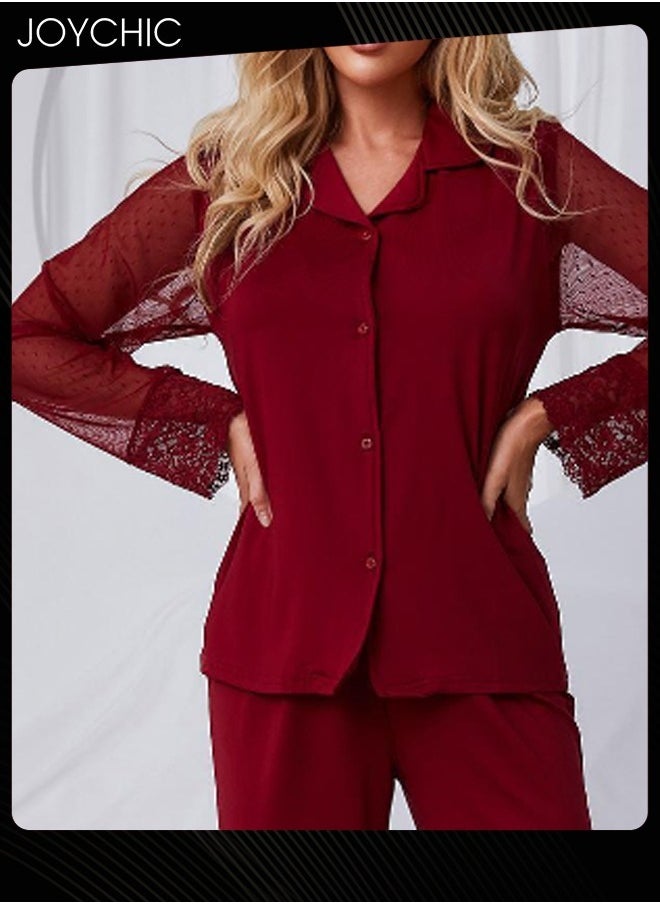 Women Solid Color Lace Mesh Long-sleeved Trousers Pajamas Set  Casual Breathable Shirt Collar Nightgown for Spring Summer Autumn Wine Red