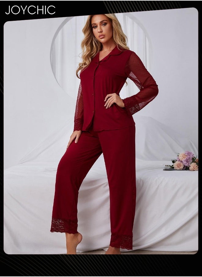 Women Solid Color Lace Mesh Long-sleeved Trousers Pajamas Set  Casual Breathable Shirt Collar Nightgown for Spring Summer Autumn Wine Red