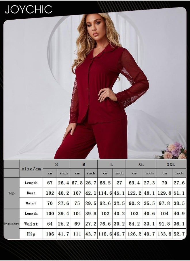 Women Solid Color Lace Mesh Long-sleeved Trousers Pajamas Set  Casual Breathable Shirt Collar Nightgown for Spring Summer Autumn Wine Red