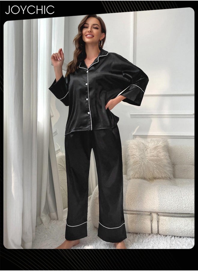 2-piece Classic Spring and Summer Autumn Pajamas Ice Silk Smooth and Comfoty Loose Women Nightgown Casual Shirt Collar Long-sleeved Trousers Home Clothes Loungewear Black