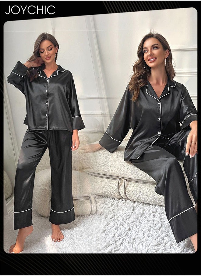 2-piece Classic Spring and Summer Autumn Pajamas Ice Silk Smooth and Comfoty Loose Women Nightgown Casual Shirt Collar Long-sleeved Trousers Home Clothes Loungewear Black