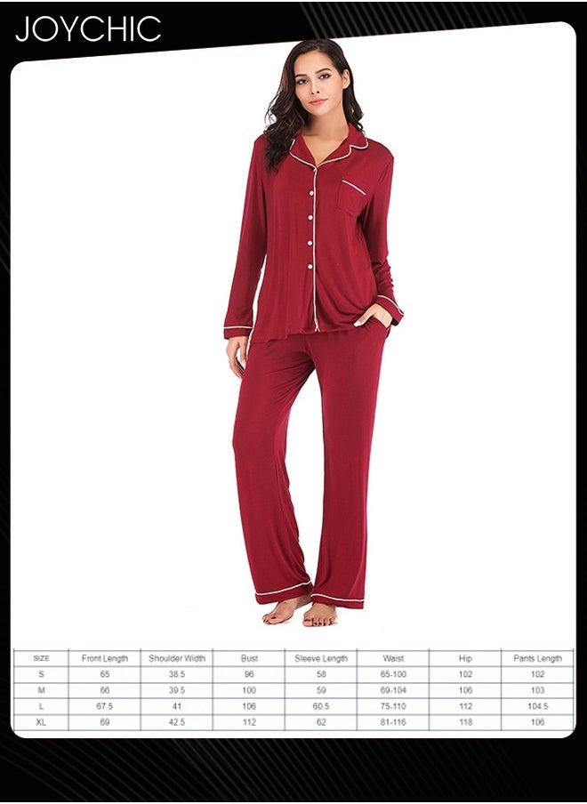 2-piece Classic Spring and Summer Autumn Pajamas Modal Skin-friendly Loose Women's Nightgown Casual Shirt Collar Long-sleeved Home Clothes Loungewear Wine Red