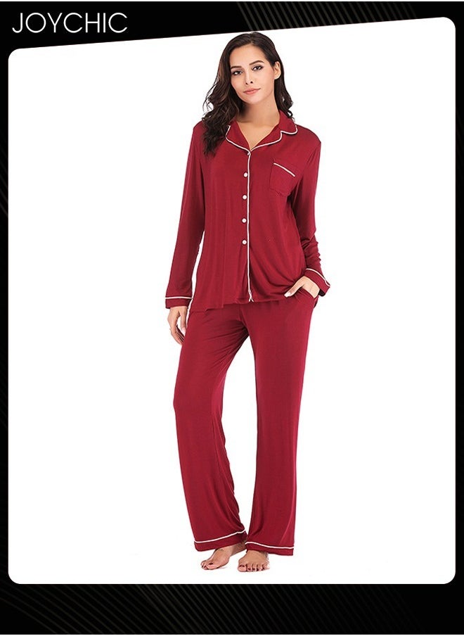 2-piece Classic Spring and Summer Autumn Pajamas Modal Skin-friendly Loose Women's Nightgown Casual Shirt Collar Long-sleeved Home Clothes Loungewear Wine Red