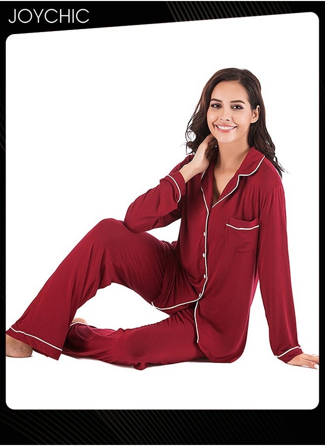 2-piece Classic Spring and Summer Autumn Pajamas Modal Skin-friendly Loose Women's Nightgown Casual Shirt Collar Long-sleeved Home Clothes Loungewear Wine Red