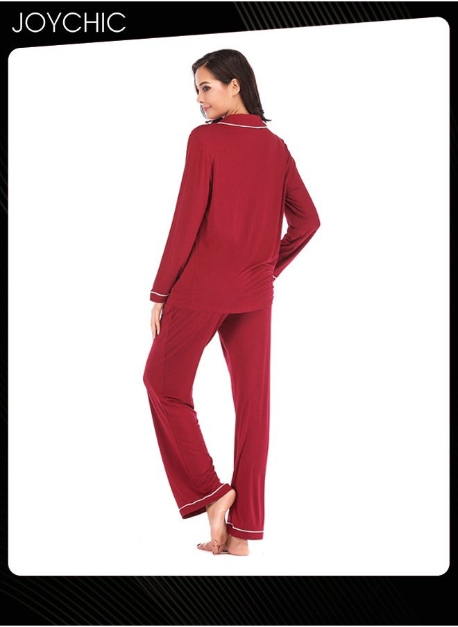 2-piece Classic Spring and Summer Autumn Pajamas Modal Skin-friendly Loose Women's Nightgown Casual Shirt Collar Long-sleeved Home Clothes Loungewear Wine Red