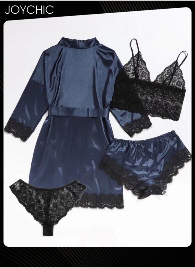 4-piece Romatic Women Nightwear Sets Silk Satin Nightgown Spring and Summer Breathable Ladies  Lace V-neck Pajamas Navy Blue