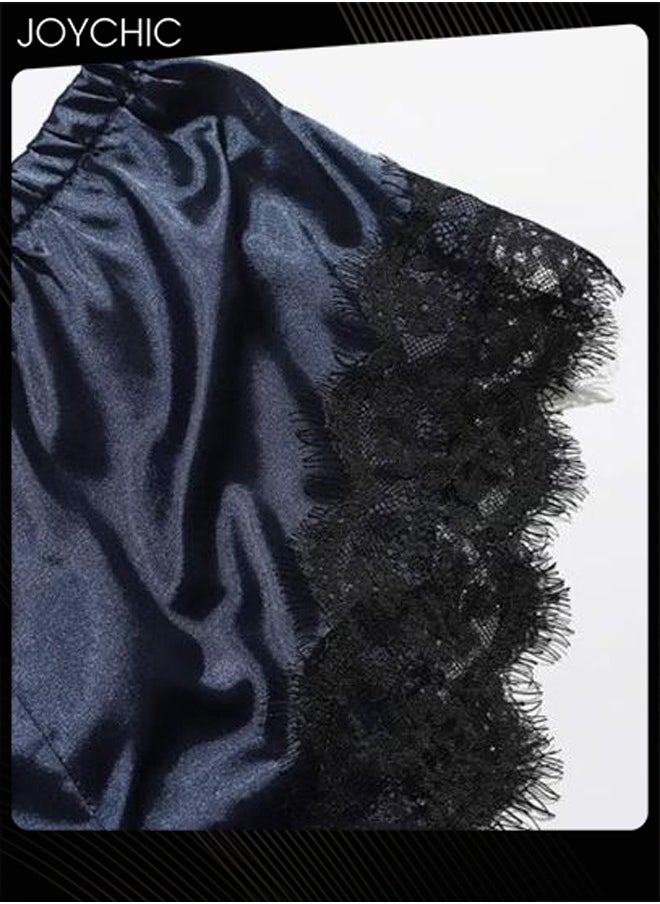 4-piece Romatic Women Nightwear Sets Silk Satin Nightgown Spring and Summer Breathable Ladies  Lace V-neck Pajamas Navy Blue