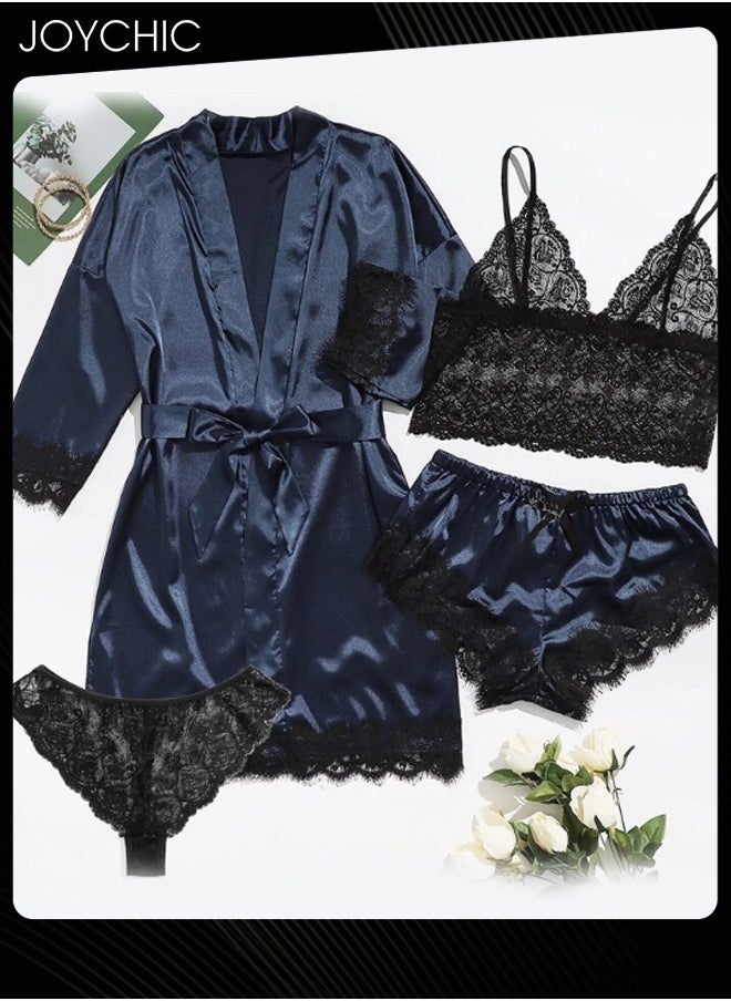4-piece Romatic Women Nightwear Sets Silk Satin Nightgown Spring and Summer Breathable Ladies  Lace V-neck Pajamas Navy Blue