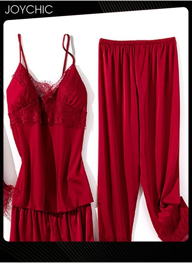 5-Piece Spring and Autumn Winter Warm Pyjama Set for Women Ice Silk  Lace Comfortable  and Breathable V-neck Home Sleepwear Wine Red