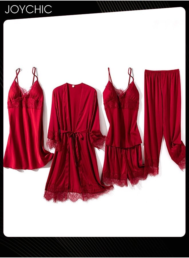 5-Piece Spring and Autumn Winter Warm Pyjama Set for Women Ice Silk  Lace Comfortable  and Breathable V-neck Home Sleepwear Wine Red