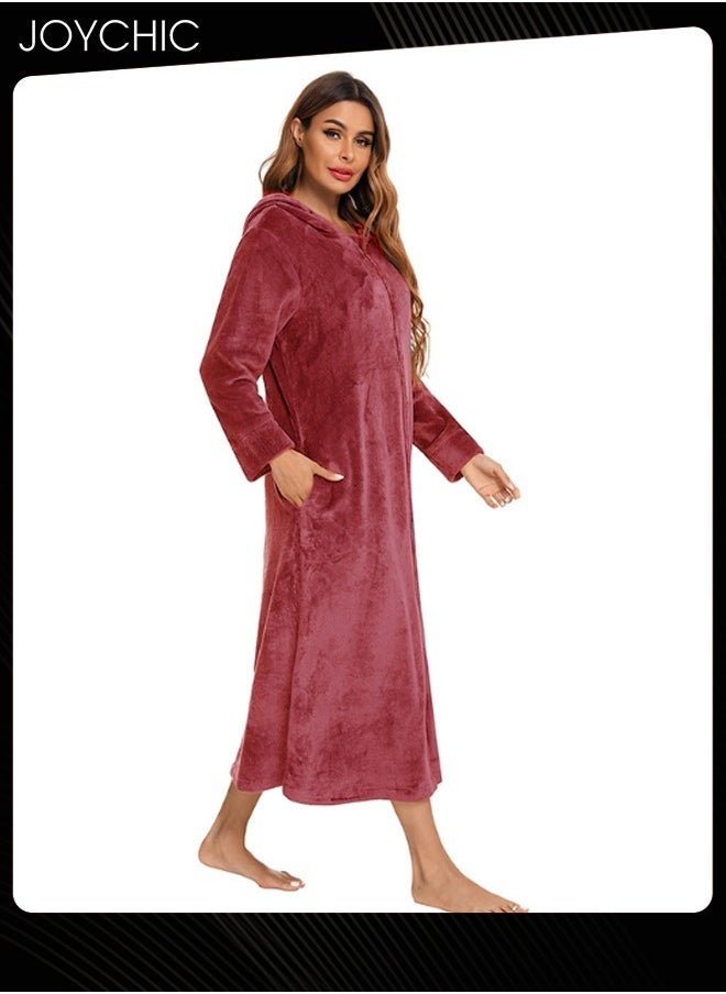 Long-sleeved Autumn and Winter Flannel Warm and Windproof Nightgown Cardigan Women Zipper Long Bedroom Pajamas with Hat and Pockets Wine Red