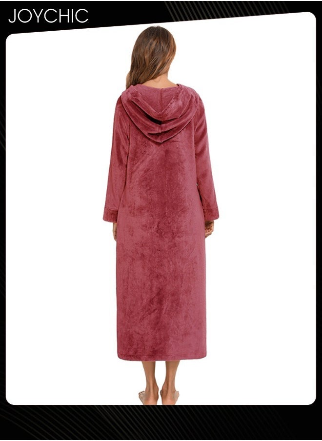 Long-sleeved Autumn and Winter Flannel Warm and Windproof Nightgown Cardigan Women Zipper Long Bedroom Pajamas with Hat and Pockets Wine Red
