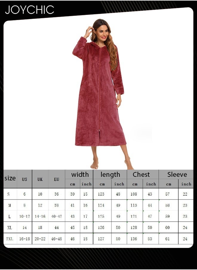 Long-sleeved Autumn and Winter Flannel Warm and Windproof Nightgown Cardigan Women Zipper Long Bedroom Pajamas with Hat and Pockets Wine Red