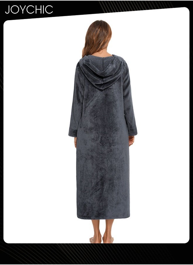 Long-sleeved Autumn and Winter Flannel Warm and Windproof Nightgown Cardigan Women Zipper Long Pajamas with Hat and Pockets Grey