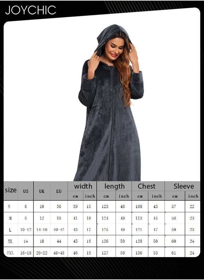 Long-sleeved Autumn and Winter Flannel Warm and Windproof Nightgown Cardigan Women Zipper Long Pajamas with Hat and Pockets Grey