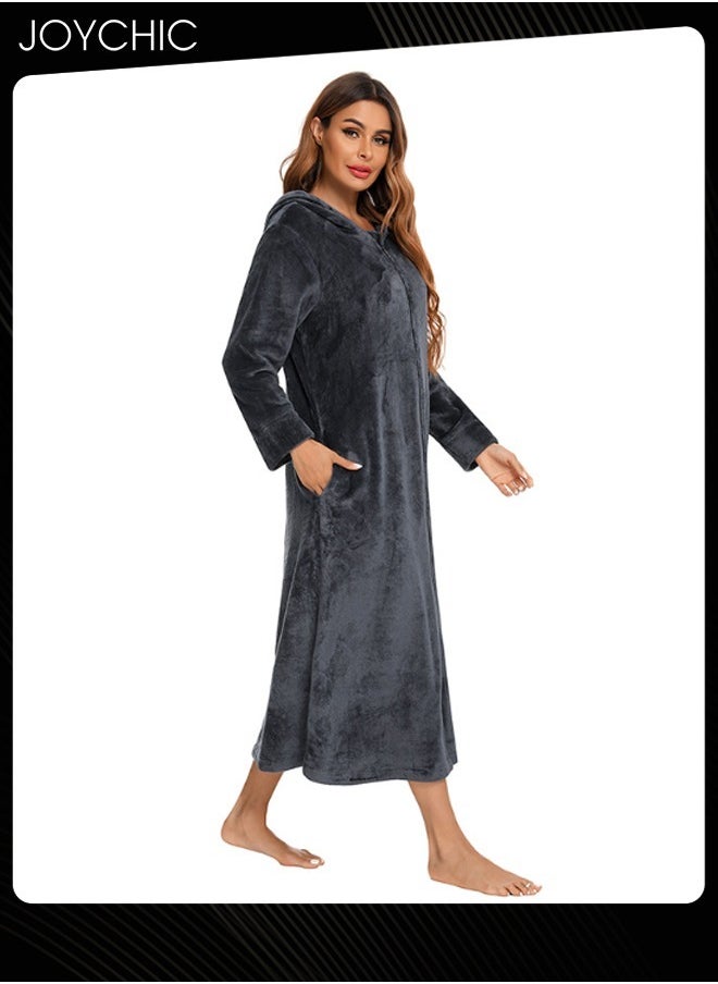 Long-sleeved Autumn and Winter Flannel Warm and Windproof Nightgown Cardigan Women Zipper Long Pajamas with Hat and Pockets Grey