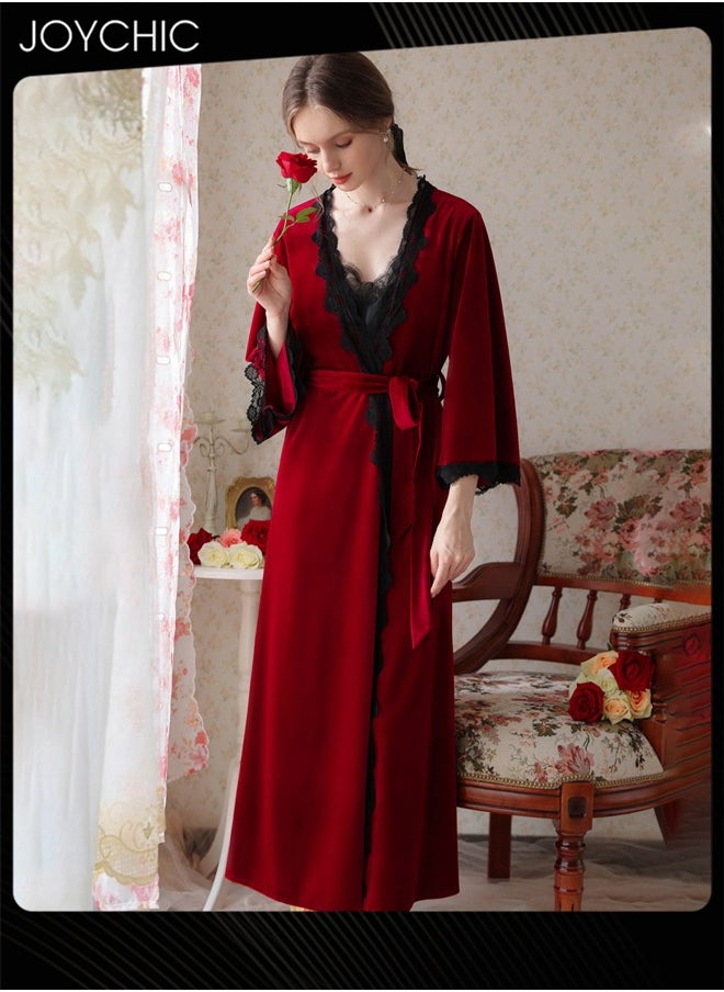 2-piece Sweet Female Suspender Nightgown with Sleep Robe Autumn and Winter Velvet Fabric Skin-friendly Loungewear for Women Wine Red