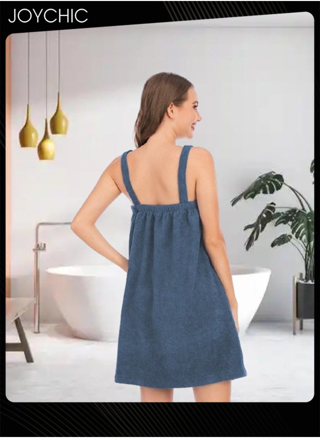 Women Solid Color Polyester Skin-friendly and Absorb- water Bathrobe Massage Stickers Suspenders Nightgown with Pockets for All Seasons Blue