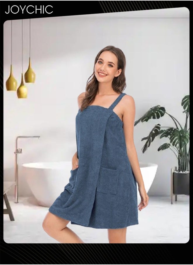 Women Solid Color Polyester Skin-friendly and Absorb- water Bathrobe Massage Stickers Suspenders Nightgown with Pockets for All Seasons Blue