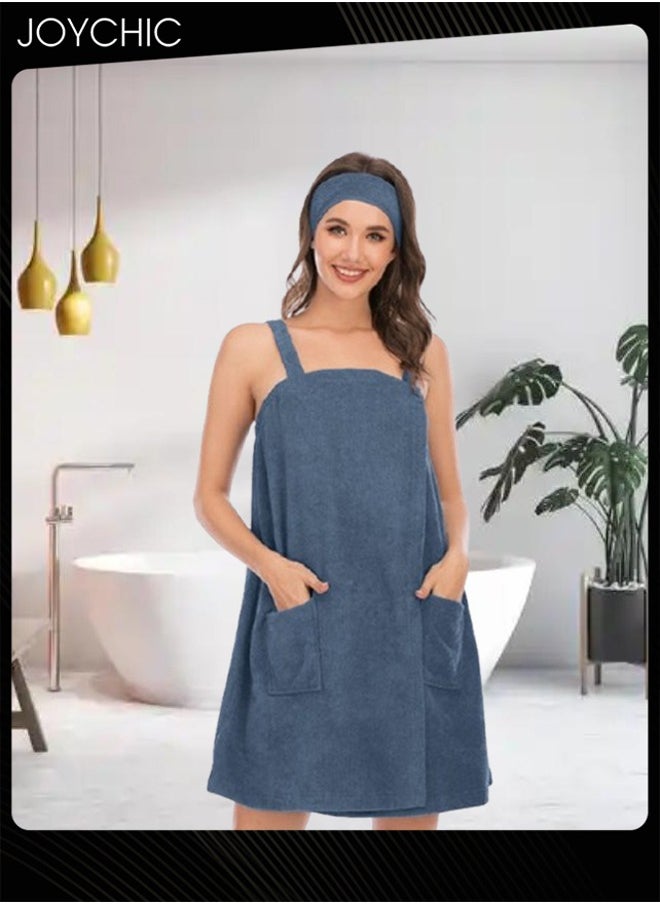 Women Solid Color Polyester Skin-friendly and Absorb- water Bathrobe Massage Stickers Suspenders Nightgown with Pockets for All Seasons Blue