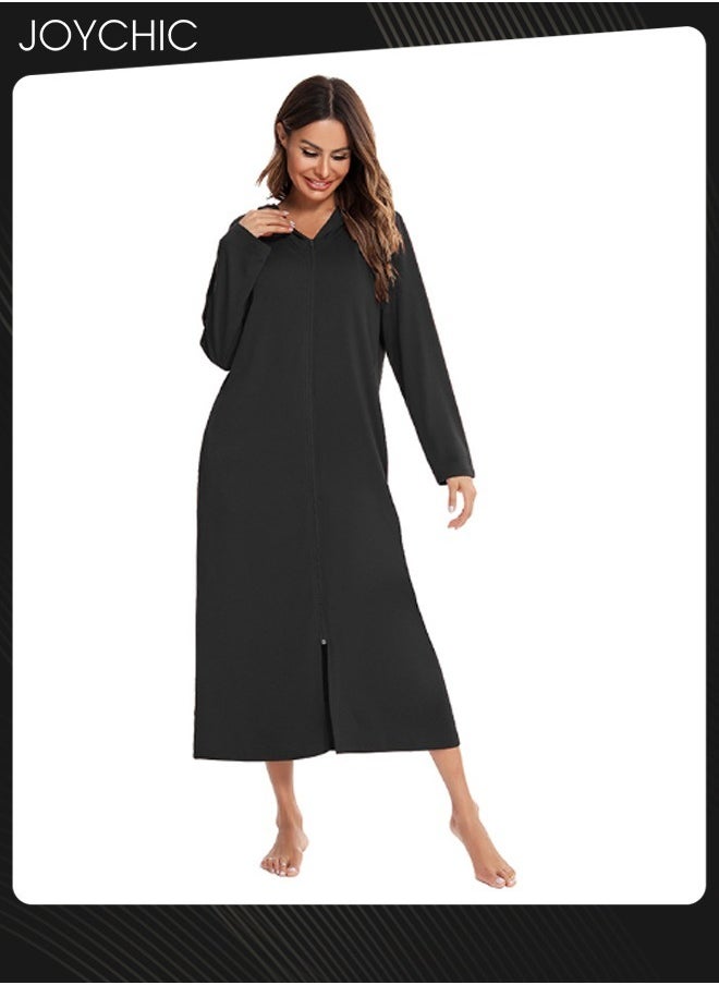 Solid Pattern Spring Autumn and Winter Women Zipper Pajamas Home Comfortable Ladies Nightgown with Pockets and Hat Black