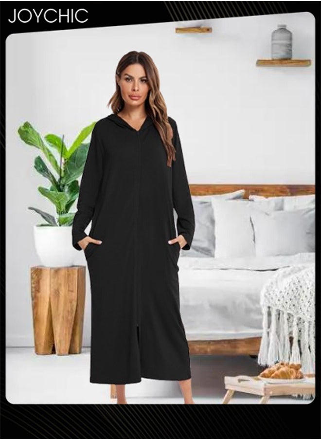 Solid Pattern Spring Autumn and Winter Women Zipper Pajamas Home Comfortable Ladies Nightgown with Pockets and Hat Black