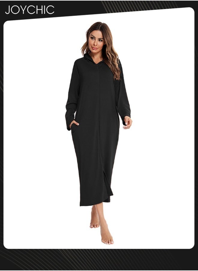 Solid Pattern Spring Autumn and Winter Women Zipper Pajamas Home Comfortable Ladies Nightgown with Pockets and Hat Black