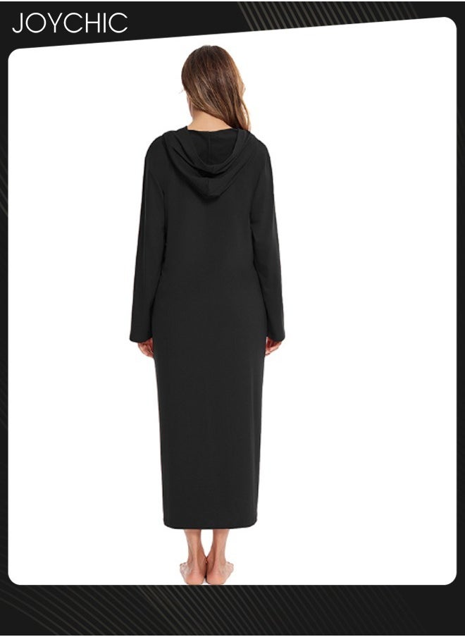 Solid Pattern Spring Autumn and Winter Women Zipper Pajamas Home Comfortable Ladies Nightgown with Pockets and Hat Black