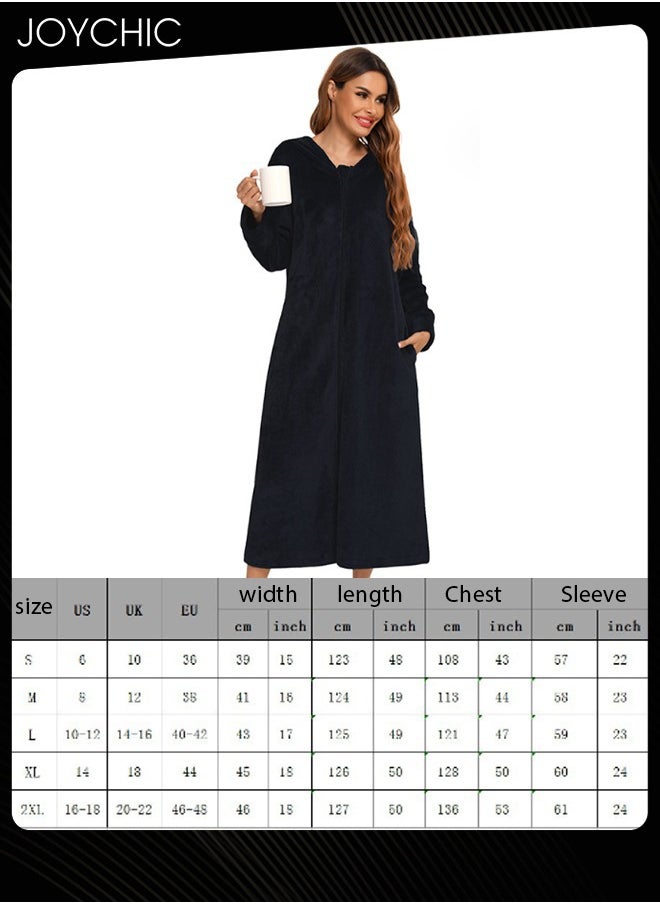 Long-sleeved Autumn and Winter Flannel Warm and Windproof Nightgown Cardigan Women Zipper Long Bedroom Pajamas with Hat and Pockets Black