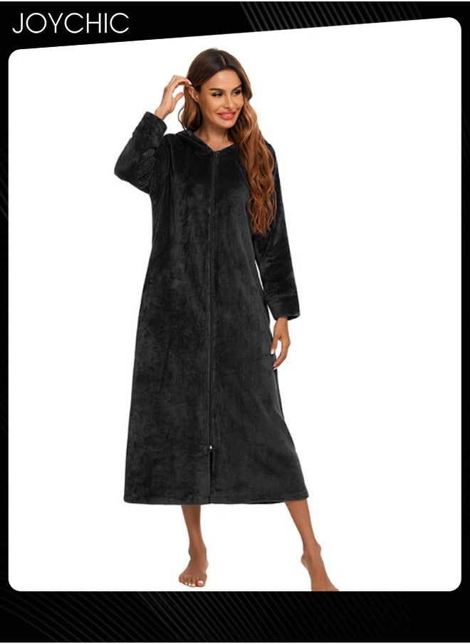 Long-sleeved Autumn and Winter Flannel Warm and Windproof Nightgown Cardigan Women Zipper Long Bedroom Pajamas with Hat and Pockets Black