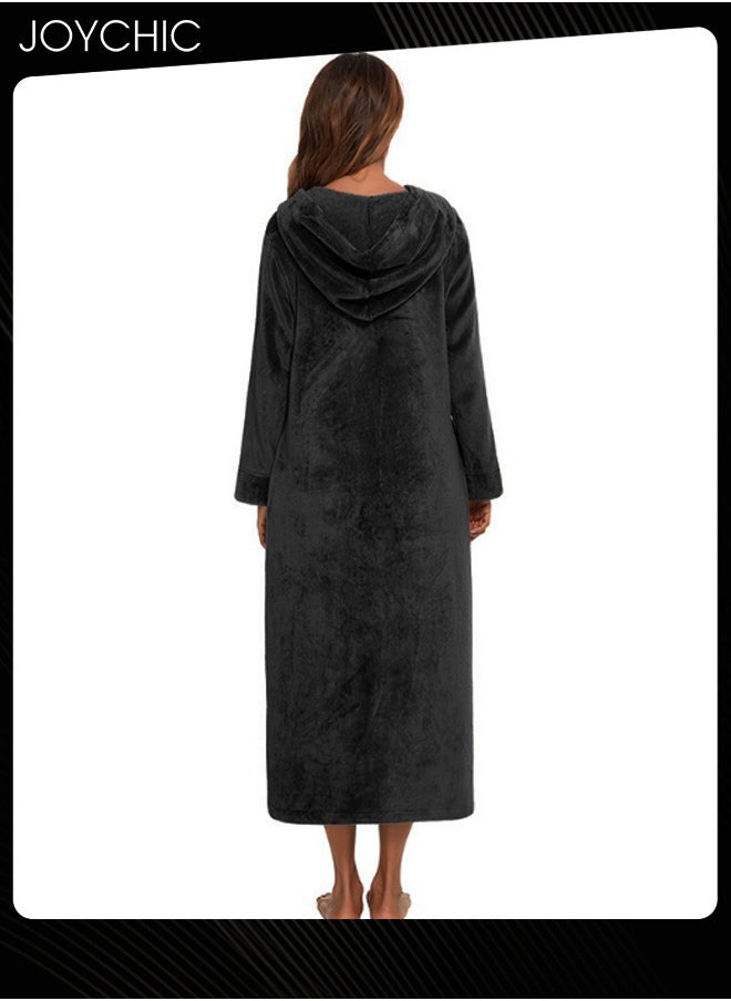 Long-sleeved Autumn and Winter Flannel Warm and Windproof Nightgown Cardigan Women Zipper Long Bedroom Pajamas with Hat and Pockets Black