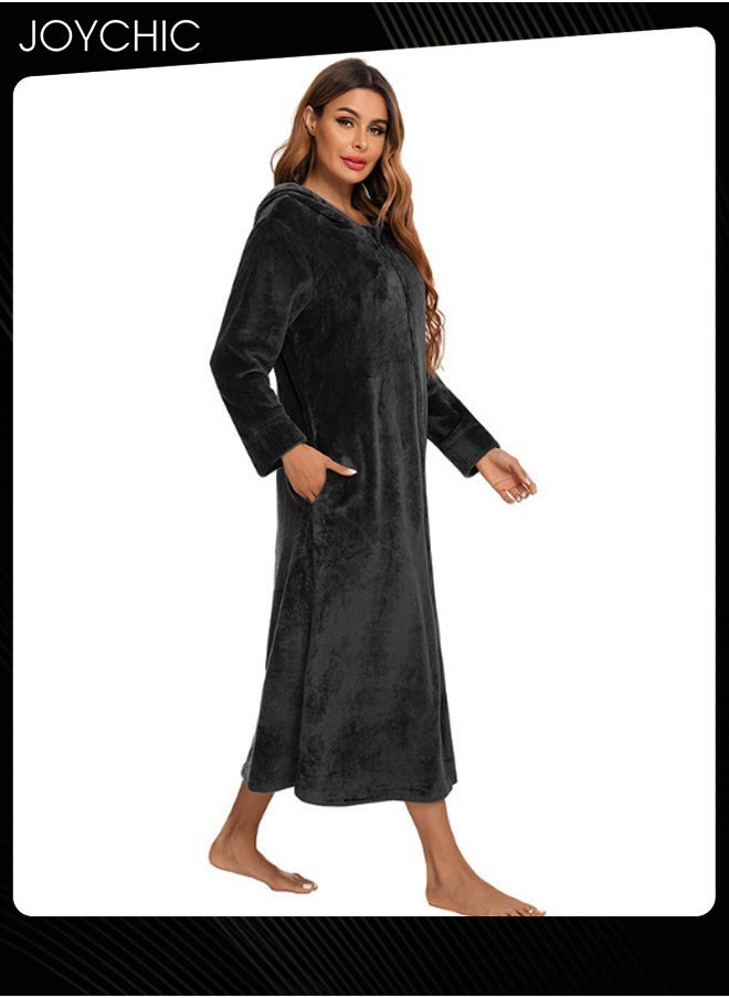 Long-sleeved Autumn and Winter Flannel Warm and Windproof Nightgown Cardigan Women Zipper Long Bedroom Pajamas with Hat and Pockets Black